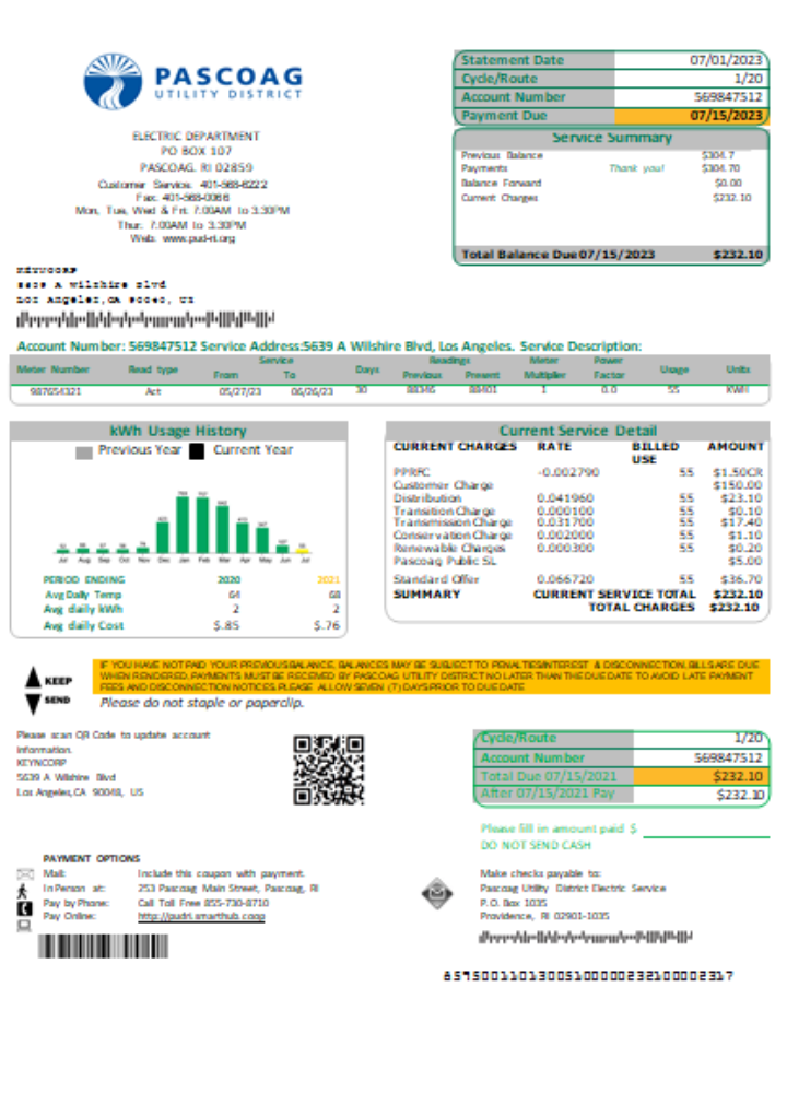 Premium Herunterladen Pascoag Utility Bezirk Utility Geschäftlich Bill, SCR Photoshop Vorlage