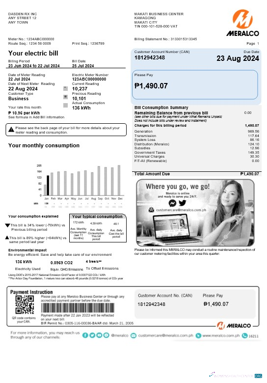 Hochwertige Herunterladen Philippinen Meralco Geschäftlich Nebenkostenabrechnung Word und PDF Vorlage Photoshop Vorlage