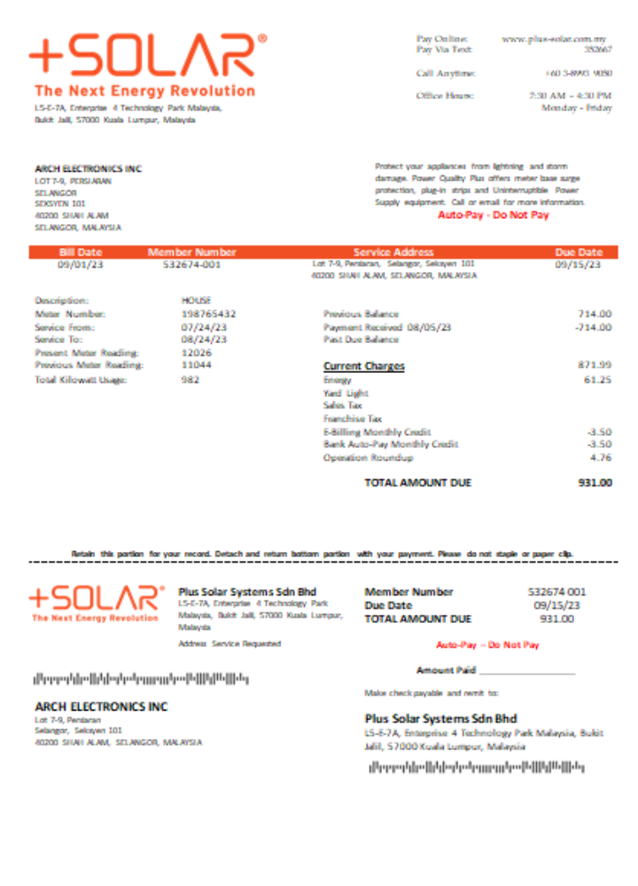 Premium Herunterladen Plus Solar Systems Sdn Bhd Utility Geschäftlich Bill, SCR Photoshop Vorlage
