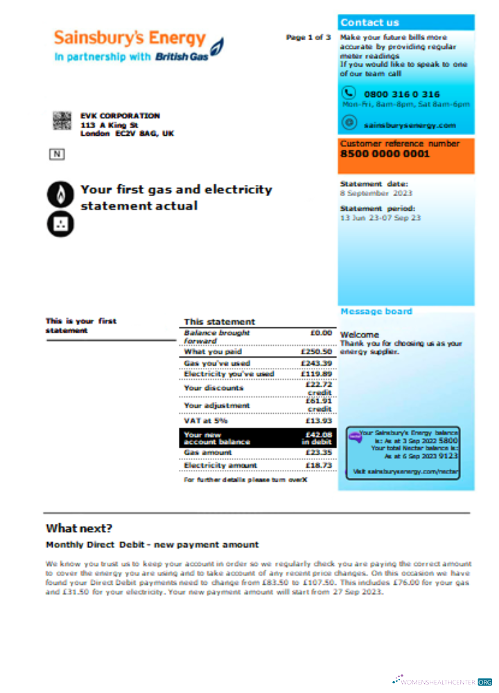 Professionelle Herunterladen Sainsbury Energy (British Gas) Geschäftlich Nebenkostenabrechnung, Seite 1, SCR Photoshop Vorlage