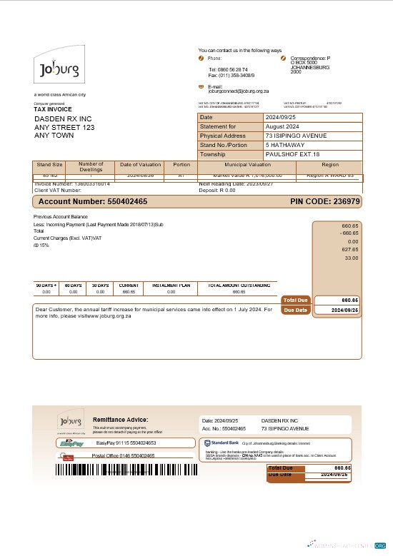 Editierbare Herunterladen Südafrika Joburg Geschäftlich Nebenkostenabrechnung Word und PDF Vorlage Seiten Photoshop Vorlage