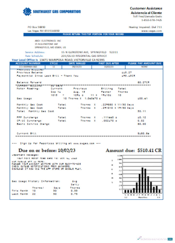 Realistische Herunterladen Southwest Gas Konzern Utility Geschäftlich Bill, SCR Photoshop Vorlage