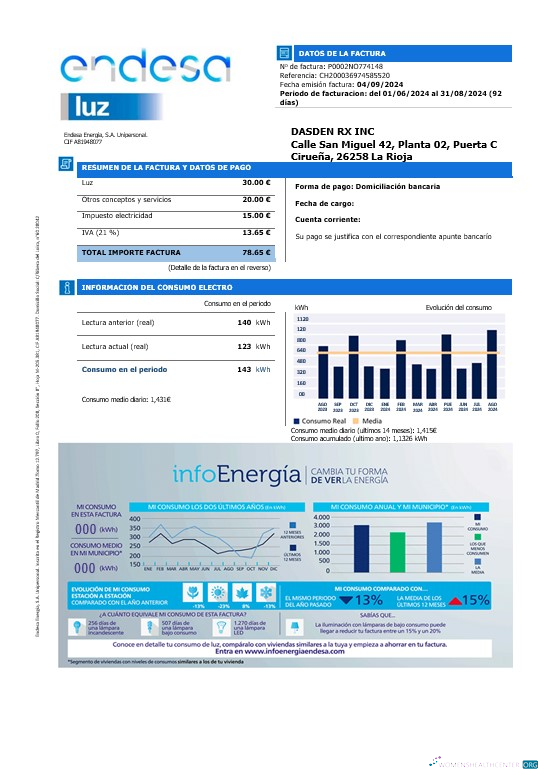Realistische Herunterladen Spanien Endesa Luz Geschäftlich Nebenkostenabrechnung Vorlage in Word und PDF Formats Photoshop Vorlage