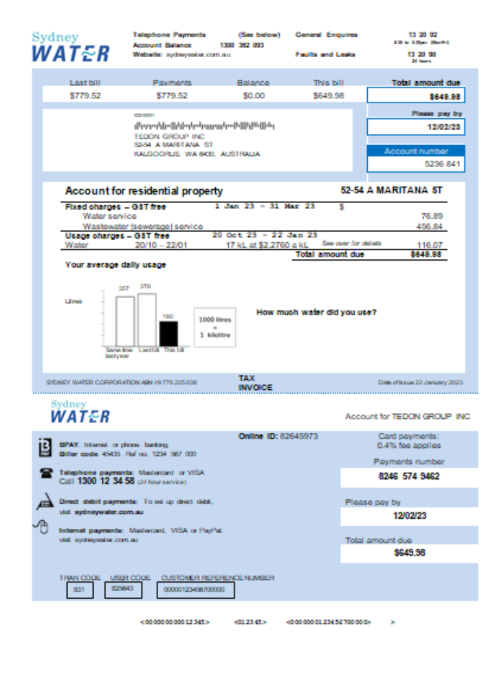 Professionelle Herunterladen Sydney Wasser Utility Geschäftlich Bill, KA Photoshop Vorlage