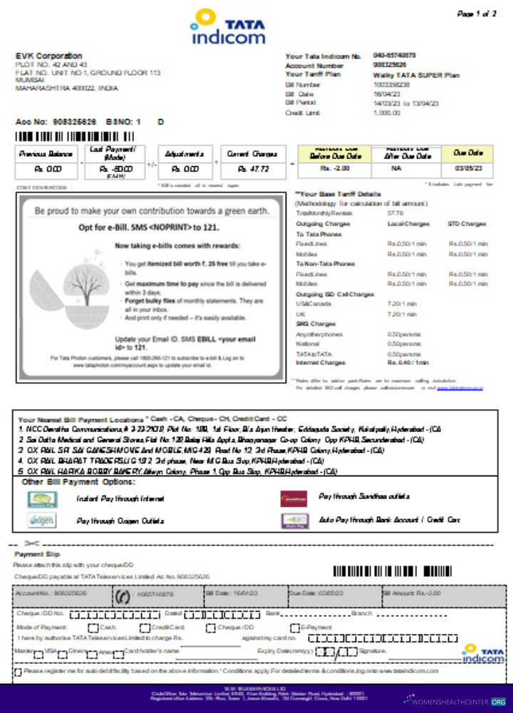 Premium Herunterladen Tata Indicom Mobil Utility Geschäftlich Bill, Seite 1, SCR Photoshop Vorlage