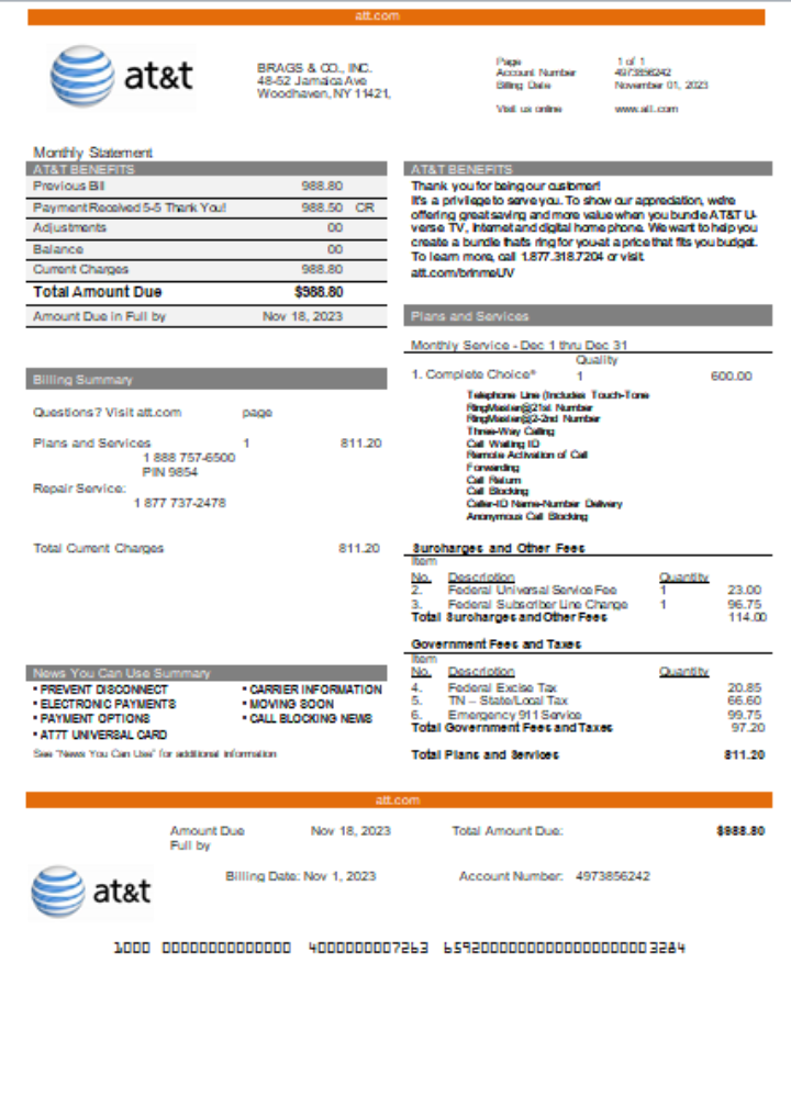 Hochwertige Herunterladen Texas AT&T Telecommunications Geschäftlich Utility, Bill, SCR Photoshop Vorlage