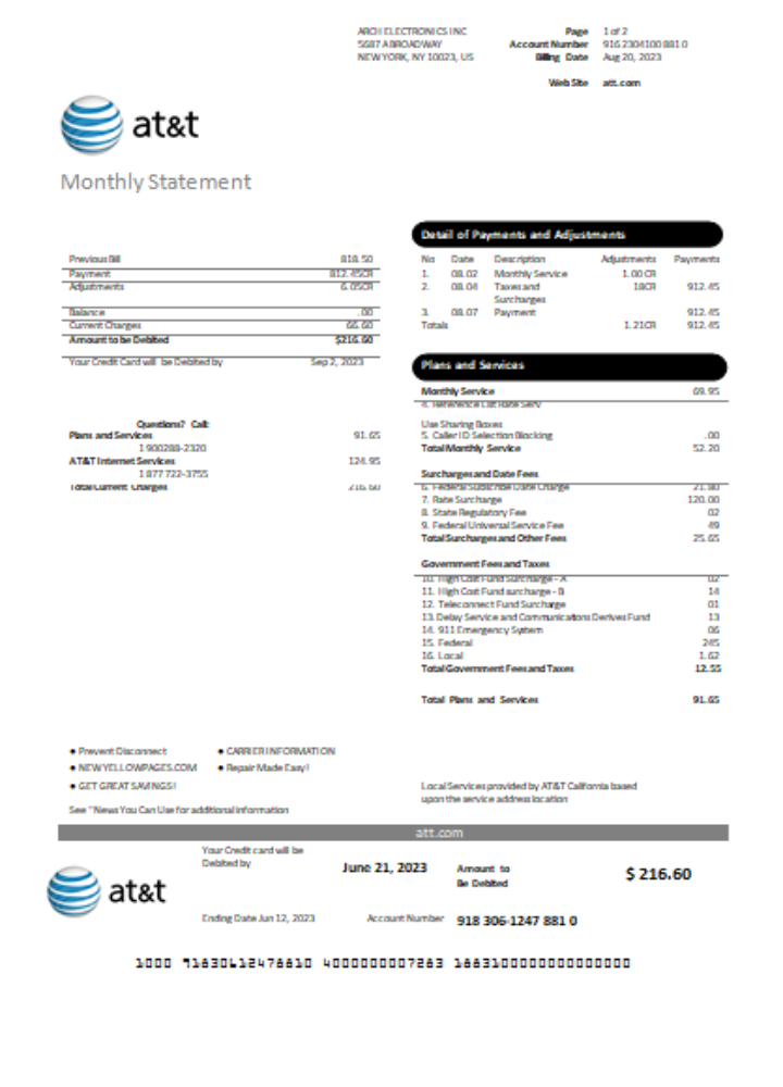 Premium Herunterladen Texas AT&T Telecommunications Utility Geschäftlich Bill, Seite 1, SCR Photoshop Vorlage