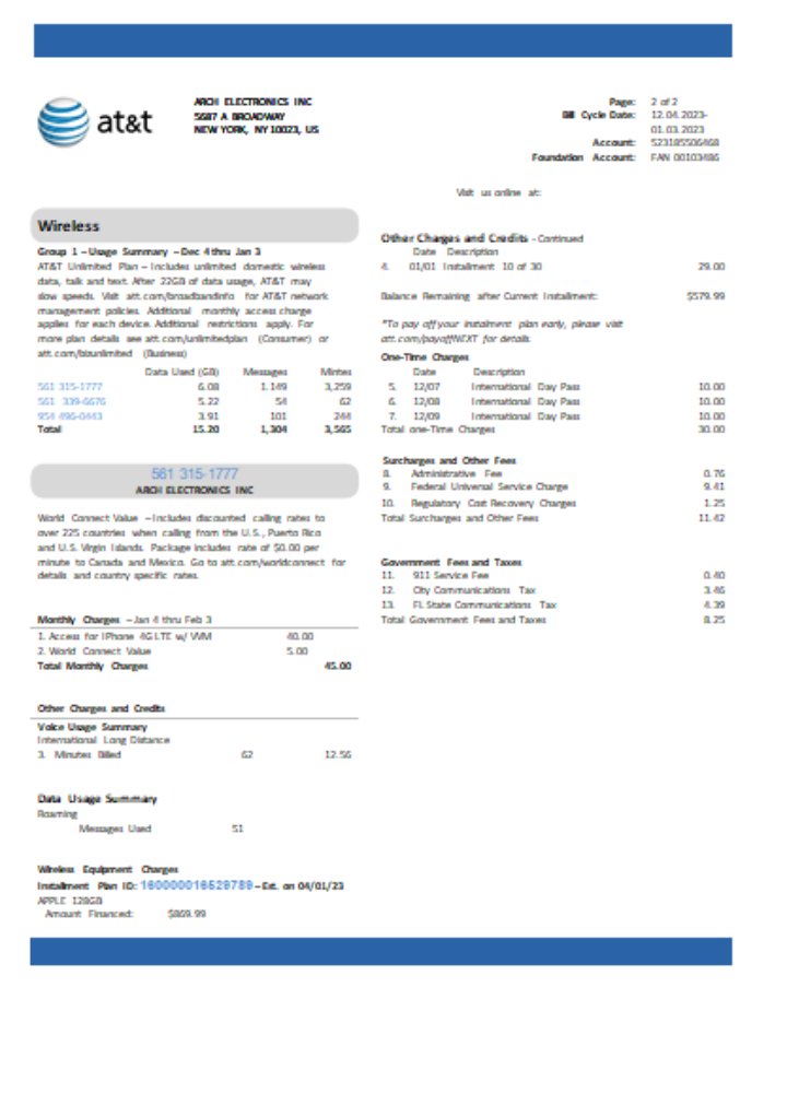 Professionelle Herunterladen Texas AT&T Telecommunications Utility Geschäftlich Bill, Seite 2, SCR Photoshop Vorlage