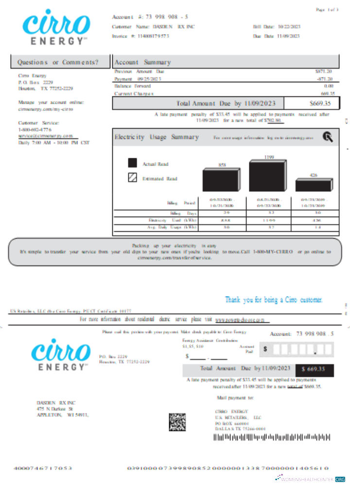 Hochwertige Herunterladen Texas Cirro Energy Utility Geschäftlich Bill, Seite 1 SCR Photoshop Vorlage