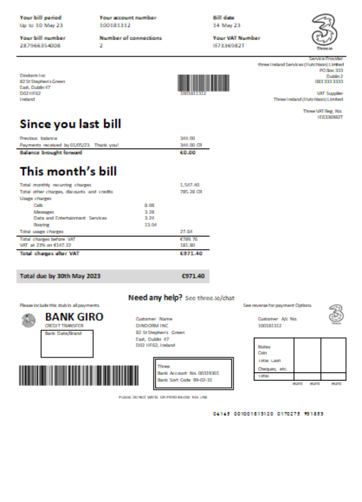 Editierbare Herunterladen Three Irland (Hutchison) GmbH Utility Geschäftlich Bill, GO Photoshop Vorlage
