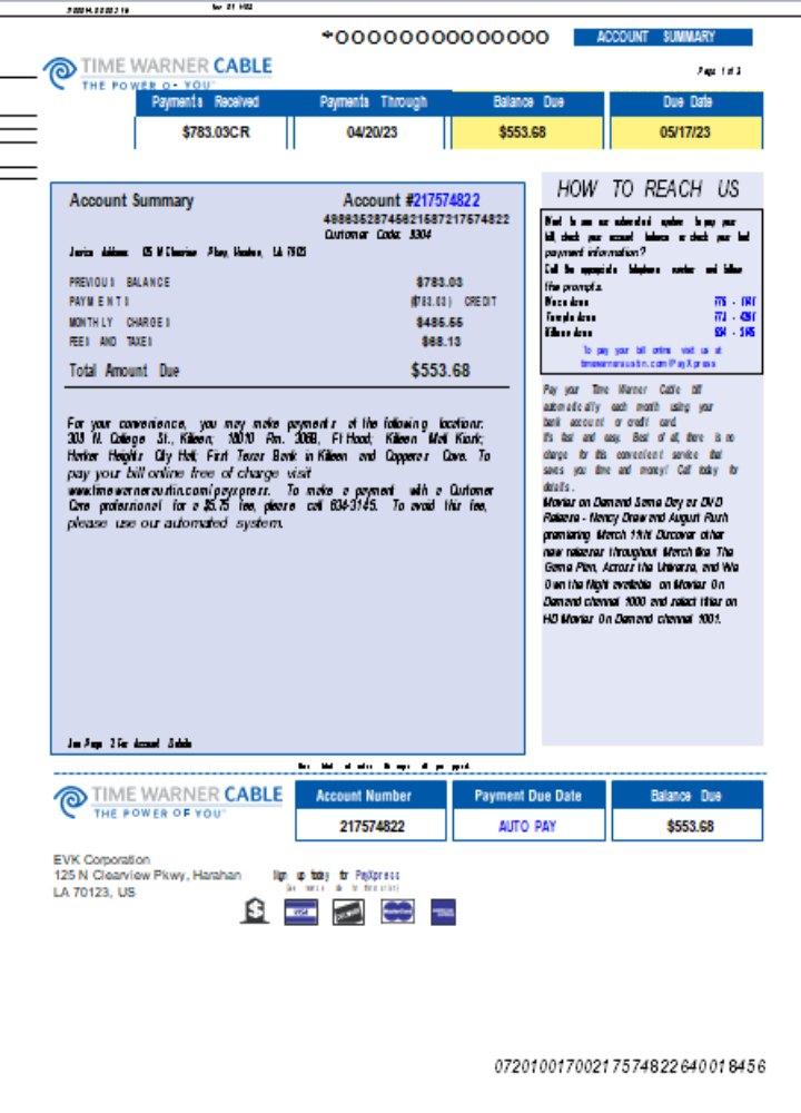 Premium Herunterladen Time Warner Cabel Utility Geschäftlich Bill, Seite 1, SCR Photoshop Vorlage