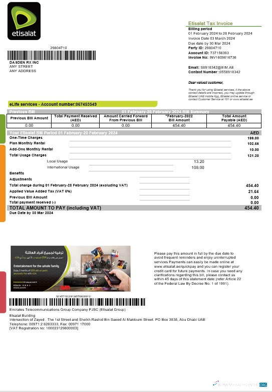 Editierbare Herunterladen UAE Etisalat Geschäftlich Nebenkostenabrechnung Vorlage in Word und PDF Formats Photoshop Vorlage