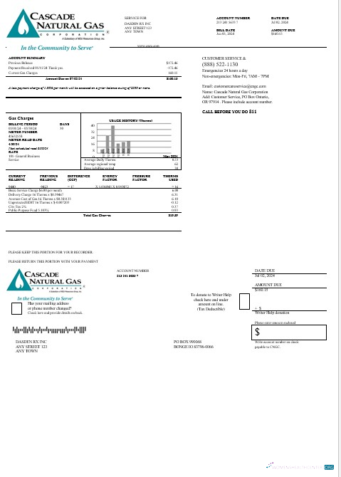 Hochwertige Herunterladen USA Cascade Natural Gas Geschäftlich Nebenkostenabrechnung, Word und PDF Vorlage Photoshop Vorlage