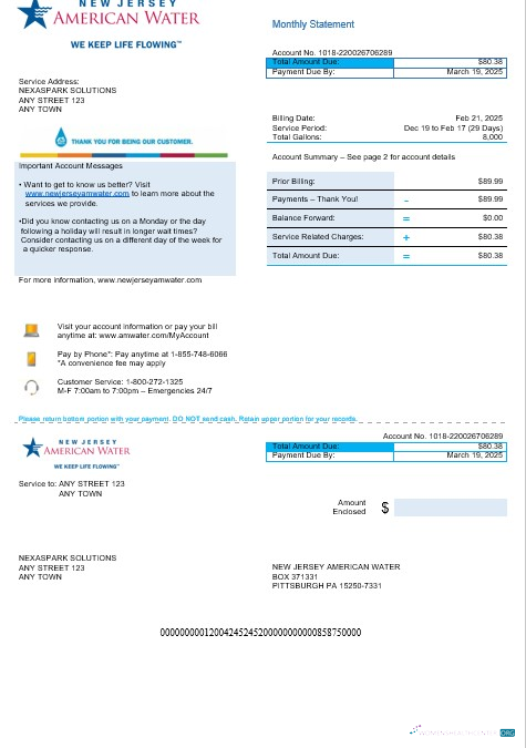 Premium Herunterladen USA Neu Jersey American Wasser Geschäftlich Nebenkostenabrechnung Word und PDF Vorlage Photoshop Vorlage