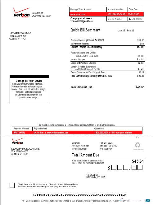 Editierbare Herunterladen USA Verizon Geschäftlich Nebenkostenabrechnung Word und PDF Vorlage, Version 3 Photoshop Vorlage
