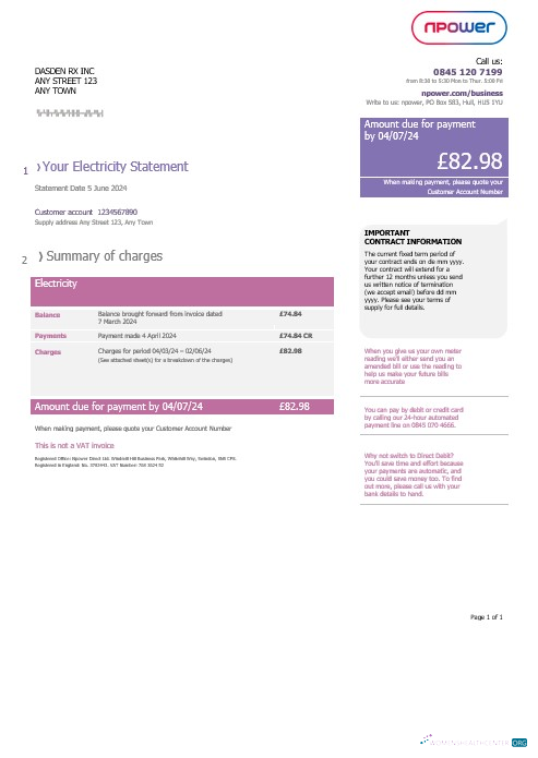 Premium Herunterladen Vereinigtes Königreich Npower Geschäftlich Nebenkostenabrechnung, Word und PDF Vorlage Photoshop Vorlage