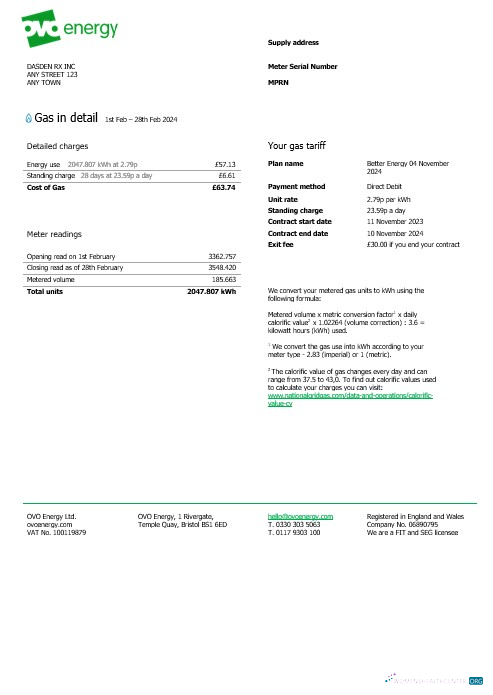 Premium Herunterladen Vereinigtes Königreich Ovo Energy Geschäftlich Nebenkostenabrechnung, Word und PDF Vorlage Photoshop Vorlage