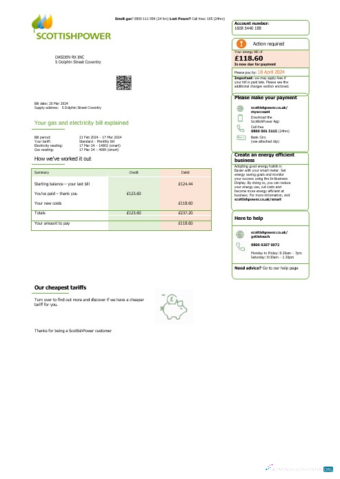 Editierbare Herunterladen Vereinigtes Königreich Scottish Power Geschäftlich Nebenkostenabrechnung Word und PDF Vorlage Photoshop Vorlage