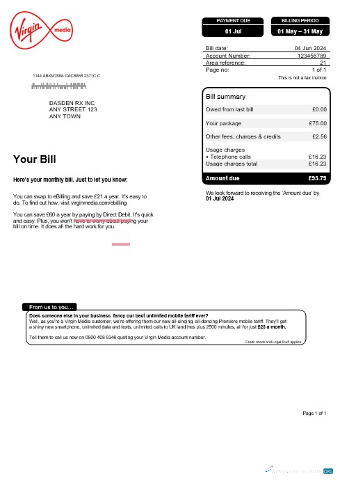 Editierbare Herunterladen Vereinigtes Königreich Virgin Media Geschäftlich Nebenkostenabrechnung, Word und PDF Vorlage Photoshop Vorlage