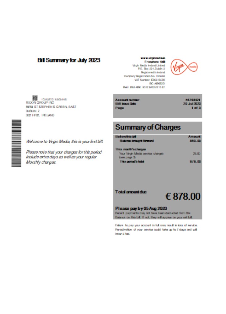 Hochwertige Herunterladen Virgin Media Geschäftlich Bill, SCR Photoshop Vorlage