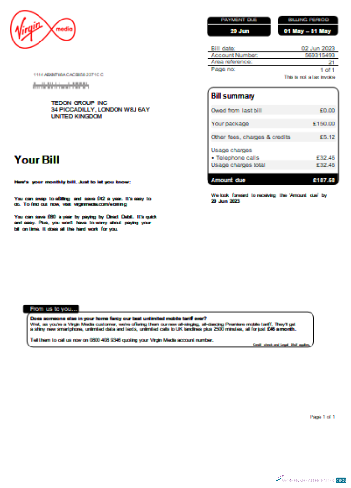 Professionelle Herunterladen Virgin Media Utility Geschäftlich Bill SCR Photoshop Vorlage