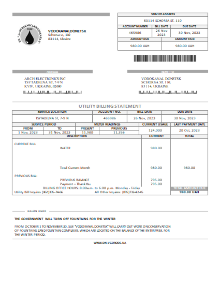 Professionelle Herunterladen Vodokanal Donetsk Utility Geschäftlich Bill, SCR Photoshop Vorlage