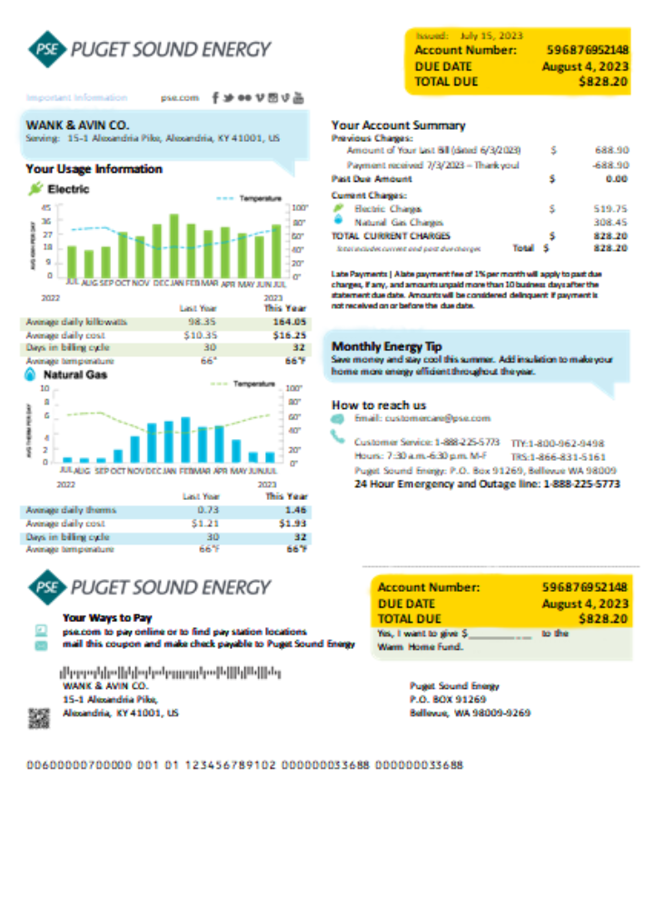 Hochwertige Herunterladen Washington Puget Sound Energy Utility Geschäftlich Bill, SCR Photoshop Vorlage