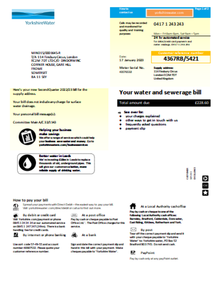 Professionelle Herunterladen Yorkshire Wasser Utility Geschäftlich Bill, Seite 1 SCR Photoshop Vorlage