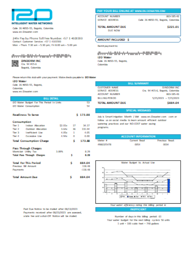 Professionelle Herunterladen I2O Wasser (Kolumbien) Utility Geschäftlich Bill, SCR Photoshop Vorlage