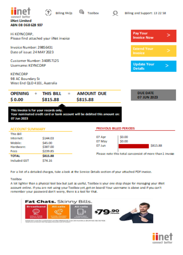 Realistische Herunterladen IiNet Utility Geschäftlich Bill, SCR Photoshop Vorlage