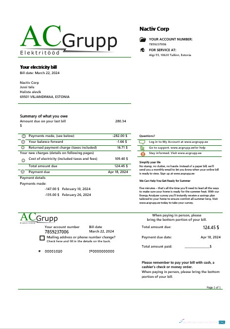 Realistische Estland AC Grupp OÜ Strom Geschäftlich Nebenkostenabrechnung Vorlage in Word und PDF Formats