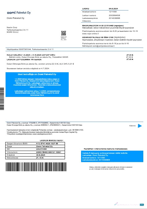 Finnland Oomi Palvelut Oy Strom Geschäftlich Nebenkostenabrechnung in Word und PDF Formats vorlage