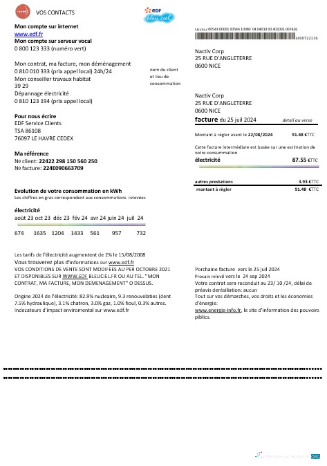 Realistische Frankreich EDF Nachweis von Adresse Geschäftlich Nebenkostenabrechnung Vorlage in Word und PDF Formats