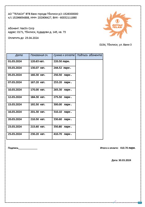Professionelle Georgien Telasi Geschäftlich Nebenkostenabrechnung Vorlage in Word und PDF Formats, Fully Editable1