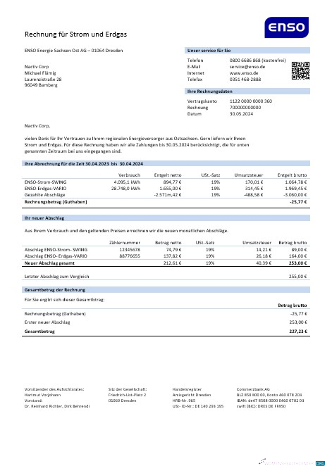 Hochwertige Deutschland ENSO Rechnung für Strom und Erdgas Geschäftlich Nebenkostenabrechnung Vorlage in Word und PDF Formats1