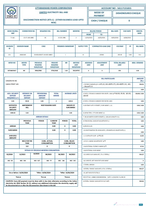 Hindi Uttarakhand Power Konzern Strom Nebenkostenabrechnung Word und PDF Formats muster
