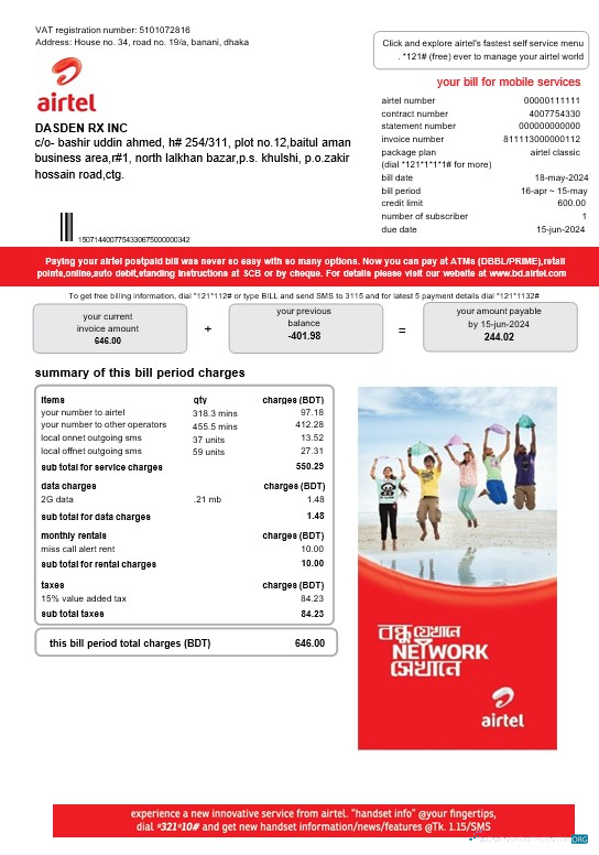 Professionelle Indien Airtel Telecommunication Services Geschäftlich Nebenkostenabrechnung Vorlage in Word und PDF Formats