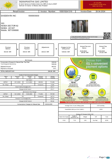 Realistische Indien INDRAPRASTHA Gas GmbH Geschäftlich Nebenkostenabrechnung Vorlage in Word und PDF Formats