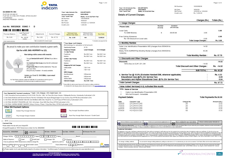 Realistische Indien Tata Indicom Mobil Geschäftlich Nebenkostenabrechnung Vorlage in Word und PDF Format, 2 Seiten