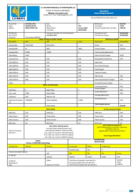 Indien Uttarakhand Power Konzern Strom Geschäftlich Nebenkostenabrechnung Word und PDF Formats vorlage