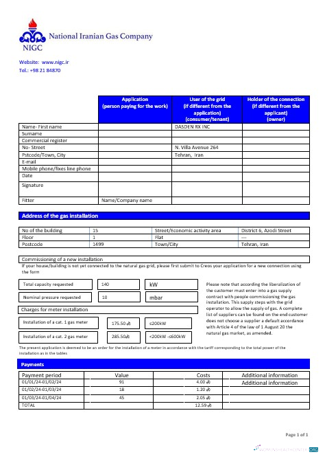 Professionelle Iran National Iranian Gas Unternehmen Gas Geschäftlich Nebenkostenabrechnung Vorlage in Word und PDF Format