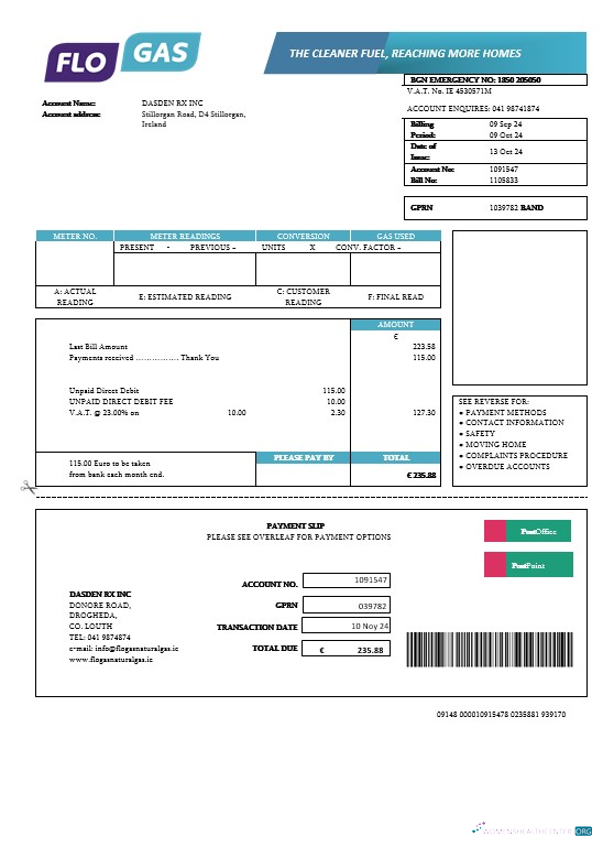 Professionelle Irland Flogas Natural Gas Geschäftlich Nebenkostenabrechnung Vorlage in Word und PDF Formats