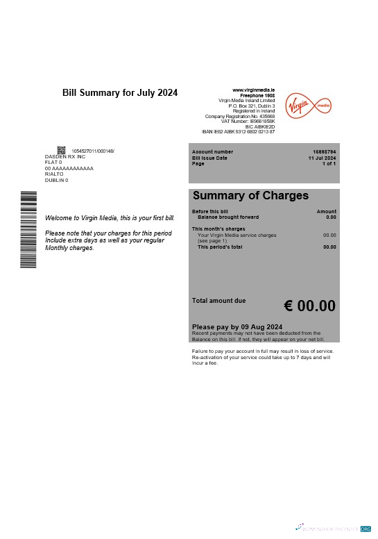 Realistische Irland Virgin Media Geschäftlich Nebenkostenabrechnung Vorlage Editable in Word und PDF, Version 1