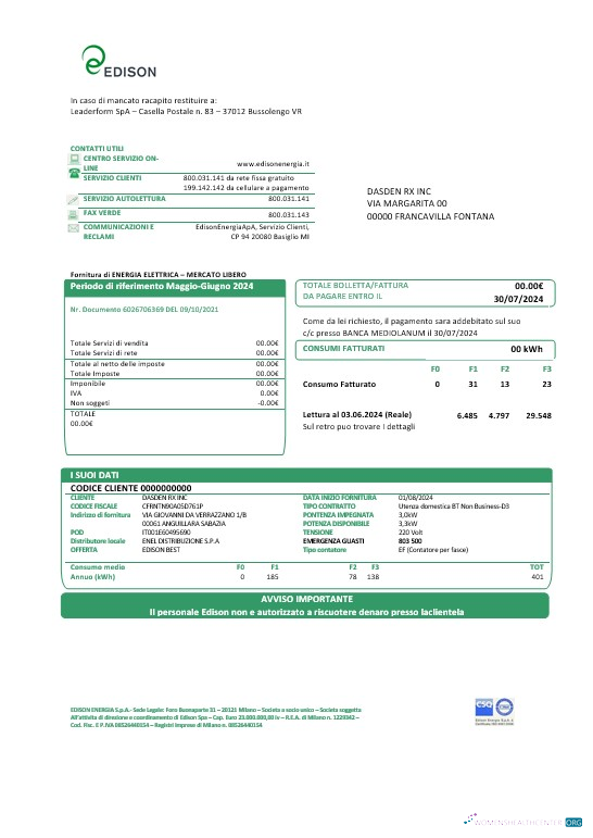 Hochwertige Italien Edison Geschäftlich Nebenkostenabrechnung Vorlage in Word und PDF Formats, Good für Adresse Prove