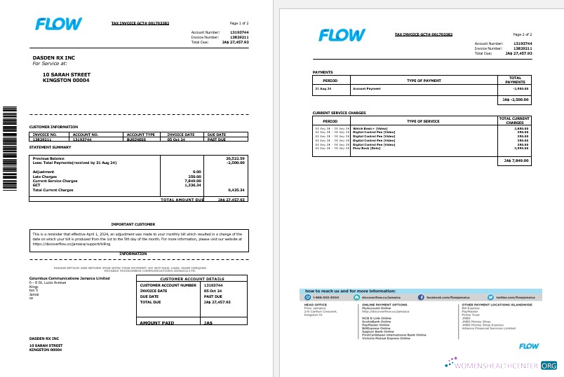 Realistische Jamaika Flow Tax Invoice Cable und Internet Geschäftlich Nebenkostenabrechnung Word und PDF Vorlage, 2 Seiten