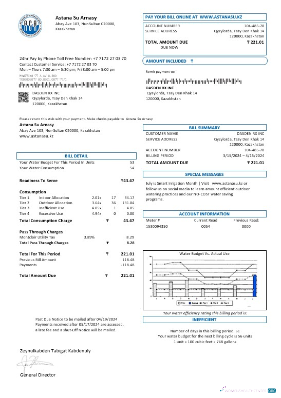 Professionelle Kasachstan Astana Su Arnasy Geschäftlich Nebenkostenabrechnung Vorlage in Word und PDF Format (.doc und .PDF)
