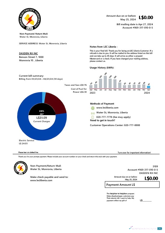 Professionelle Liberia Strom Konzern Geschäftlich Nebenkostenabrechnung Vorlage in Word und PDF Formats