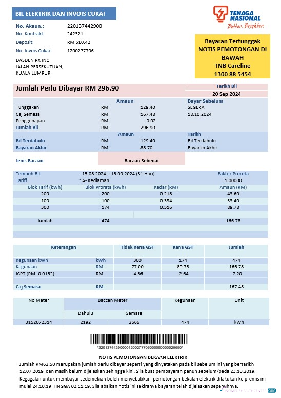 Realistische Malaysia Tenaga Nasional Strom Geschäftlich Nebenkostenabrechnung Vorlage in Word und PDF Formats