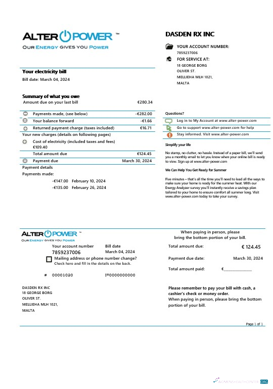 Editierbare Malta AlterPower Malta Nachweis von Adresse Geschäftlich Nebenkostenabrechnung Vorlage in Word und PDF Formats