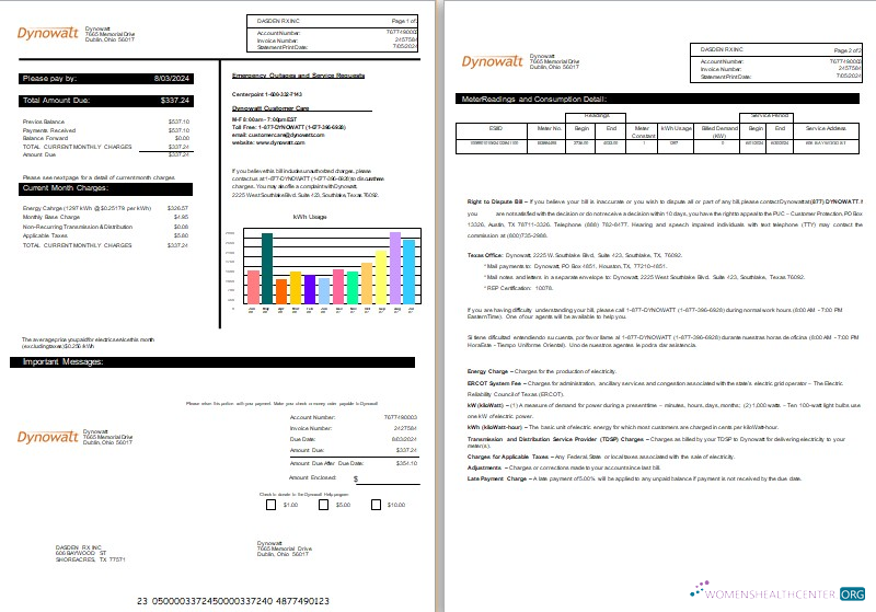 Neu York Dynowatt Strom Geschäftlich Nebenkostenabrechnung Word und PDF Formats, 2 Seiten modell